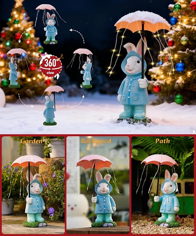 Solar Rabbit Garden Statue Outdoor Decor, Bunny Figurines Lights with Umbrella for Outside Yard Lawn Ornaments,Gifts for Mother's Day Birthday Easter Housewarming