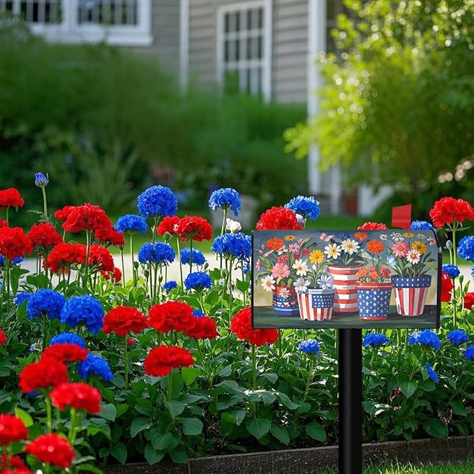 Independence Day Mailbox Covers, Summer Flowerpot Large Size Magnetic Mailbox Cover, July 4th Patriotic 25.1x21 Inch Post Letter Box Case for Outside Decor