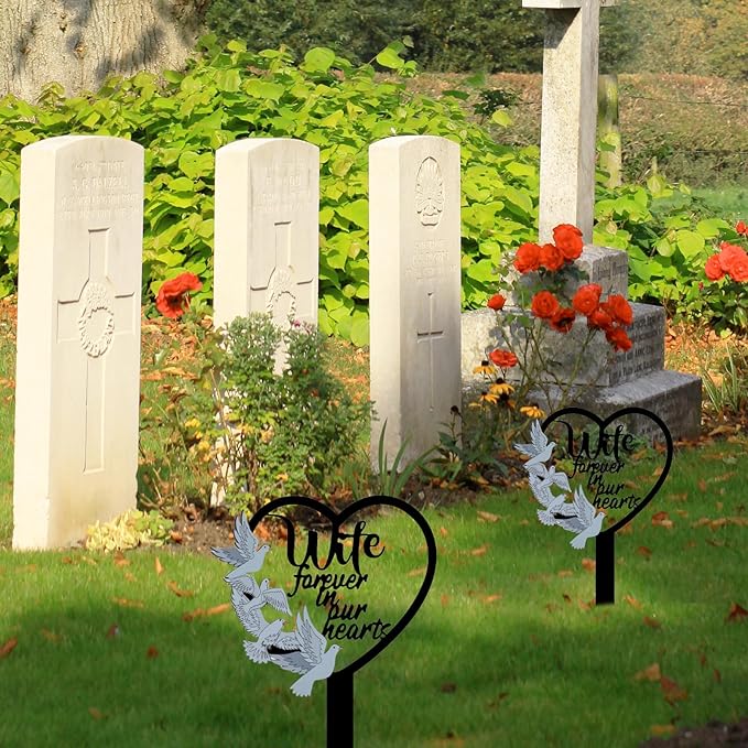 HPMAISON 11 inch Metal Wife Memorial Stake Grave Decorations for Cemetery Gravesite Sympathy Markers Waterproof Memorial Gifts for Loss of Wife Tombstones Plaque Outdoors Lawn Yard Decor