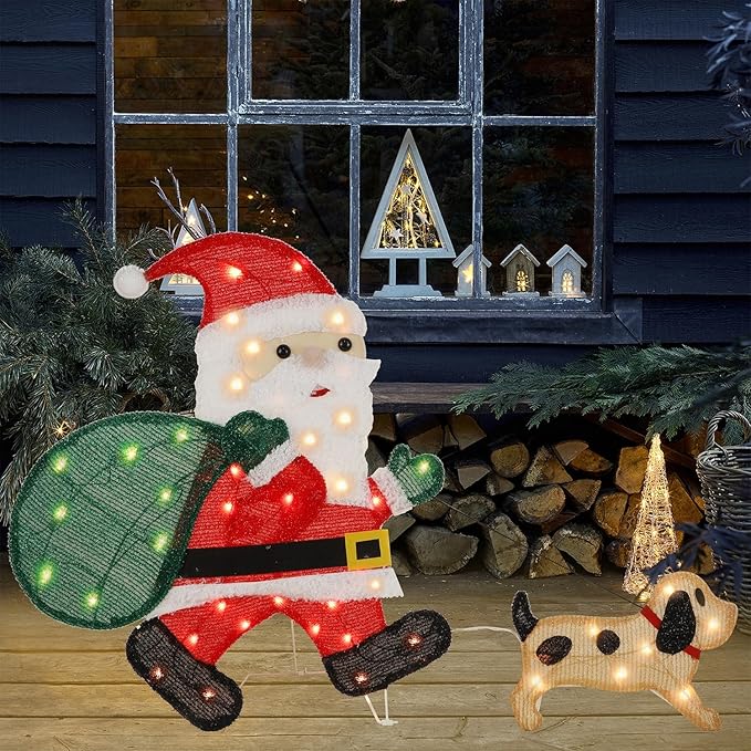 WATERGLIDE Lighted Christmas Santa Claus with Puppy, 26.5 Inch Pre-Lit 2D Tinsel Santa Walking Dog Xmas Outdoor Yard Decor with Lights, Light Up & Plug in for Festive Xmas Holiday Garden Lawn Display