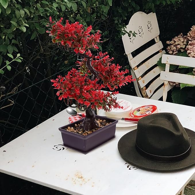 Cabilock Fake Bonsai Tree, Artificial Red Bonsai Tree, Plastic Japanese Potted Pine Decoration for Home Office Showcase Indoor Desktop Display