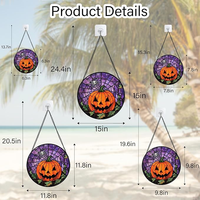 Stained Glass Window Hanging Halloween Golden Horror Pumpkin 15" - Suncatcher Door Garden Sunroom Black Spider Web Sun Catcher Birthday for Friend Mom Men Woman Nana