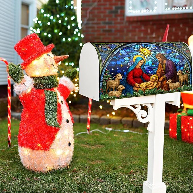 Blosssound Christmas Magnetic Mailbox Cover Standard Size 21 X18 Inch Xmas Windows Nativity Scene Mailbox Covers Decor Retro Religious Christmas Post Box Garden Yard Outdoor Decoration