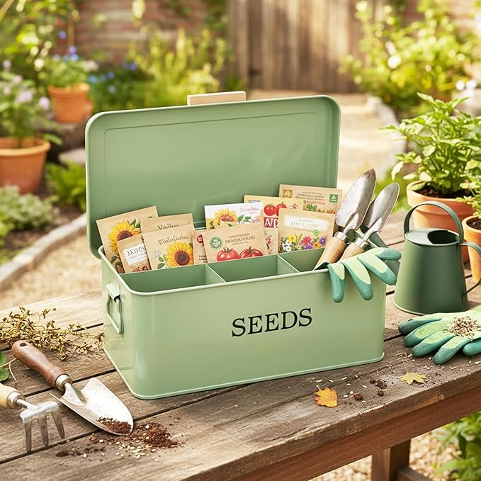 Seed Storage Organizer with 4 Dividers,Metal Seed Saving Box with Lid, Seeds Bin Storage Container Kit with 2 Pens,20 Plant Labels and 50 Seeds Envelopes, Perfect for Flower Plants Garden