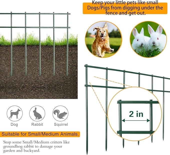 Adavin No Dig Animal Barrier Fence Green Garden Fences, 10 Pack 20 in(L) X10 in(H) Dog Under Fence Barriers, 2 Inch Gap for Dog Rabbits Fences Panel Ground Stakes for Outdoor Patio. Total 17 Ft(L)
