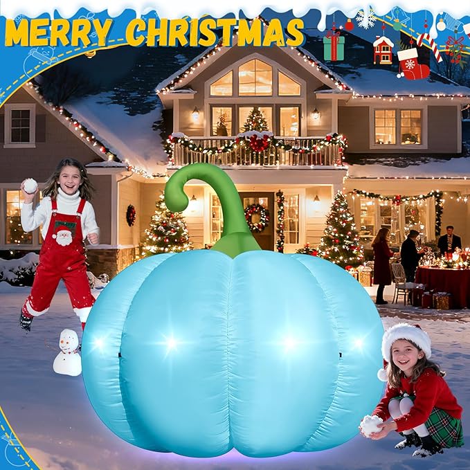 4.6FT Christmas Inflatable Pumpkin Blow-up Blue Pumpkin Build-in 4 LED Lights for Blue Christmas Outdoor Decorations Giant Inflatable Fake Pumpkins for Winter Xmas Party Decor Yard Garden Lawn