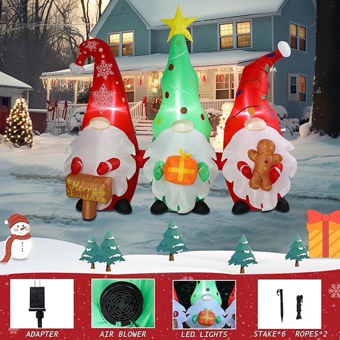 6 FT Long Christmas Gnomes Inflatable Outdoor Decorations, Inflatable Gnomes with Sign and Gingerbread Man Built-in LED Lights Blow Up Yard Decorations for Holiday Indoor Outdoor Party Garden Lawn