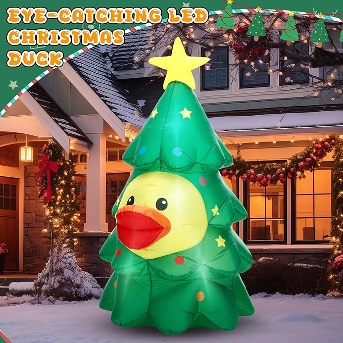 Leyndo 5FT Christmas Inflatables Decoration Outdoor Inflatables Duck with Build-in LEDs Lights Giant Blow Up Duck Wear Christmas Tree Costume for Mall Garden Patio Lawn Indoor Party
