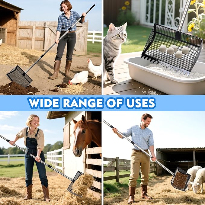 XOTTI 12 Inch Large Chicken Poop Scooper & Rake 2-in-1, Metal Chicken Coop Scoop with 36 to 75" Adjustable Stainless Steel Handle, Durable Sand Litter Sifting Shovel for Farm Animals