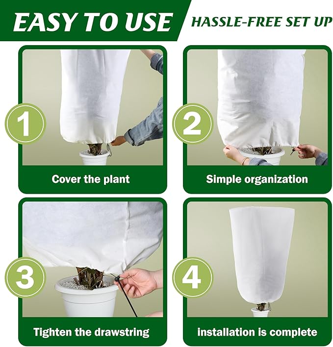 Alpurple 3 Packs Winter Drawstring Plant Covers - 47" X 31.5" Warm Plant Protection Cover Bags, Frost Cloth Blanket Protecting Fruit Tree Potted Plants from Freezing Animals Eating