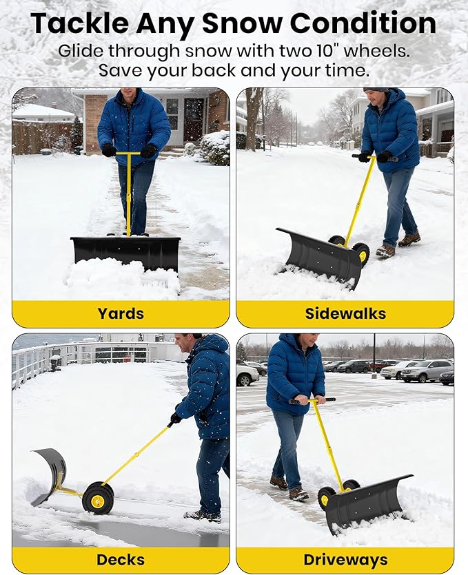 Snow Pusher with Wheels for Driveway, 36" Wide Heavy Duty Steel Blade, 5-Position Angle Adjustment & 60° Tilt Handle, Ergonomic Push Snow Shovel with Ground Protection for Effortless Snow Removal