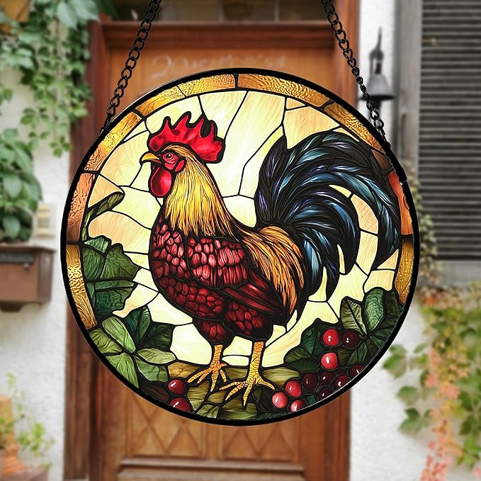 Stained Glass Window Hanging, Colorful Big Cock Sun Catcher for Window Door Home Decor, Chicken Suncatcher Christmas Mother's Day Birthday Gifts for Women Men Mom and Nana 11.8 in