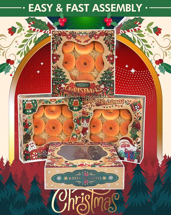 qiqee Christmas Kraft Cookie Boxes with Window 12packs 9x9x2.5 Inch Bakery Box Pastry Box for Christmas