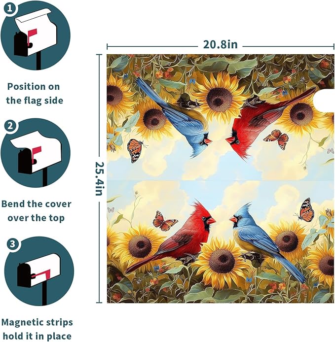 Sunflower Birds Mailbox Cover Magnetic 25.5x21 Inch Large Size Spring Summer Floral Butterfly Waterproof Mailbox Wrap Post Cover for Outdoor Outside Garden Yard Seasonal Decor