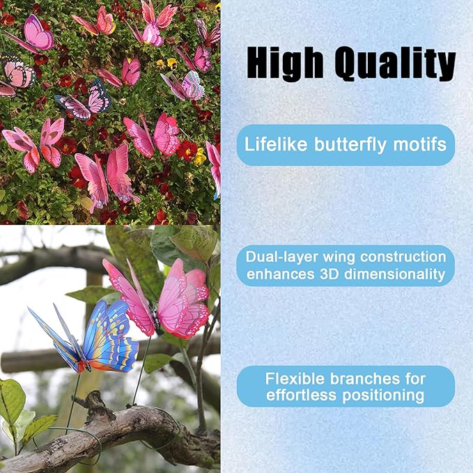 20PCS Butterfly Stakes,Plant Stakes,3D Colorful Double Wings with Bendable Stick,Ornaments Artificial Waterproof Butterfly Decorations,Garden Stake Decorations Butterflies for Flower Outdoor Indoor