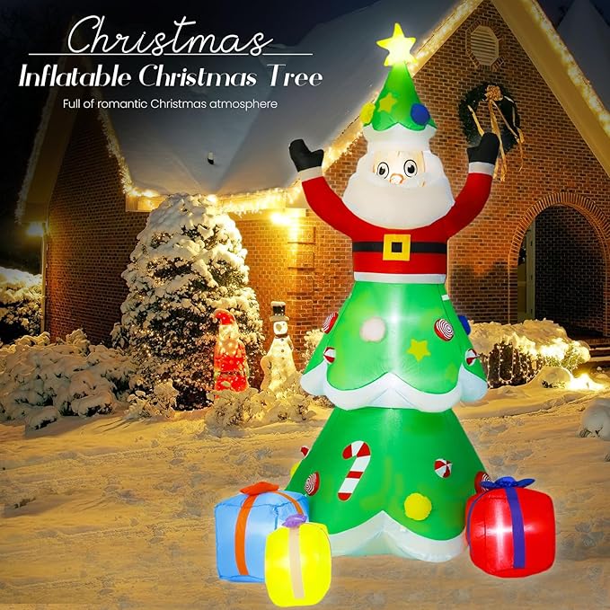 8-Foot Christmas Tree Outdoor Yard Inflatable Decoration with Christmas Santa Claus Decorations (with LED Lights), Includes Gift Box, Perfectly Suitable for Christmas Holiday Lawns and Garden Parties