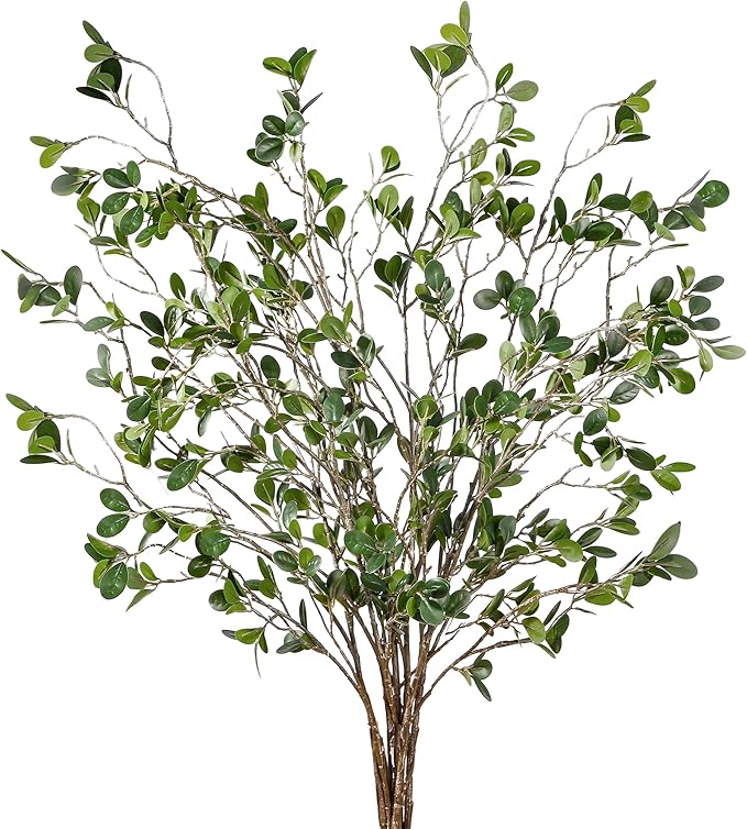 Sggvecsy 43’’ 6Pcs Artificial Ficus Branches Faux Leaf Spray Green Eucalyptus Branches Artificial Greenery Stems Fake Ficus Twig Plants for Home Office Wedding Vase Filler Shop Decoration