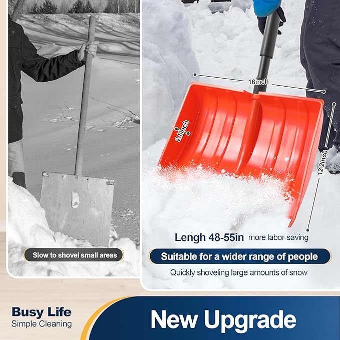 Yocada Snow Shovel for Driveway Home Garage Snow Removal Aluminum Strip with D-Grip Handle 55 inch Long Large Capacity Shovel for Garden Car Camping Outdoor Orange