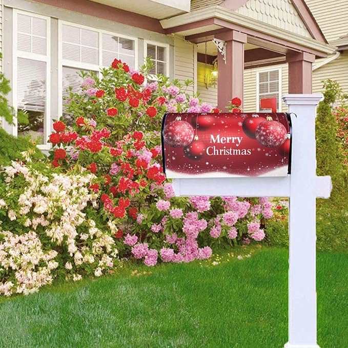Festive Magnetic Mailbox Cover Xmas Christmas Ball Pattern Outdoor Mailbox Protector Holiday Seasonal Decorative Garden Yard Home Standard Size 21 x 18 Inch