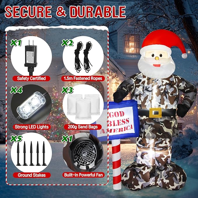 Christmas Inflatable Outdoor Decoration, 7FT Inflatables Camouflage Santa Claus Yard Decor with Hat & Sign, LED Light Blow up Giant Holiday Decoration for Indoor Outside Lawn Garden Soldier Army Gift