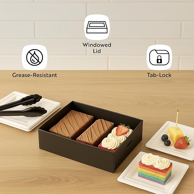Restaurantware Cater Tek 17.9 x 12.3 x 3.2 Inch Baked Goods Boxes 10 Greaseproof Pastry Boxes - Window Lids Insert Tab Lock Black Paper Catering Boxes Easy Assembly For Charcuterie Or Cupcakes