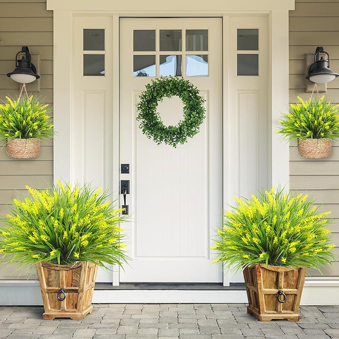 Sggvecsy 12 Bundles Artificial Plants Outdoor Faux Lavender Flowers Fake Monkey Grass UV Resistant Plastic Greenery Plants for Garden Home Porch Window Patio Hanging Planter Indoor Decor (Yellow)