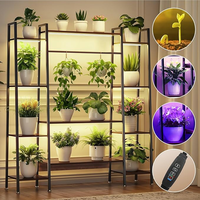 55" Large Plant Stand Indoor with 8 LED Grow Lights (3 Modes & Auto Timer) - 12 Tiered Metal Plant Shelf, 10 Dimmable Brightness Levels, Flower Stand Display Rack