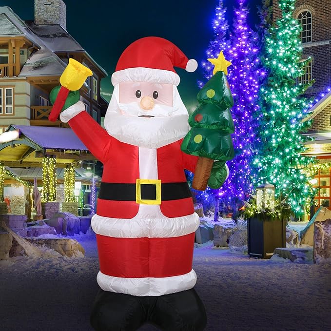 Christmas Inflatables Santa Holds Tree Bell Lighted Yard Lawn Inflatable Decoration with Built-in Fan and Stakes Ropes Holiday Party Decor, Christmas Decor (5FT-Santa Hold Tree & Bell)