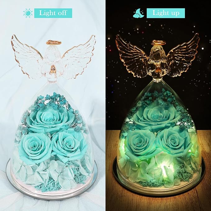 Preserved Flower Rose Gifts for Women, Forever Eternal Fresh Flowers in Glass Angel Figurines Flowers for Delivery Prime for Grandma Mom Sister Her Wife on Mothers Day Birthday Christmas Thanksgiving
