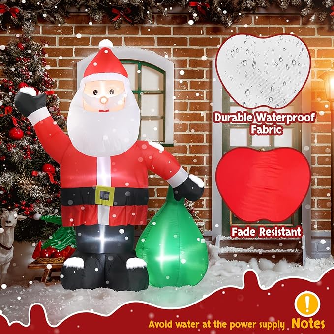 VINGLI 6FT Christmas Decorations Outdoor Inflatable Lighted Decor，Blow Up Yard Decoration with Electric Blower for Holiday Indoor Outdoor Garden Decor, Santa with Gifts