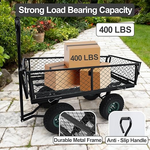 Elevon Heavy Duty Utility Wagon Cart, Black with Removable Mesh Sides, 400 LBS Capacity for Home Improvement, Hauling Supplies & Outdoor Use
