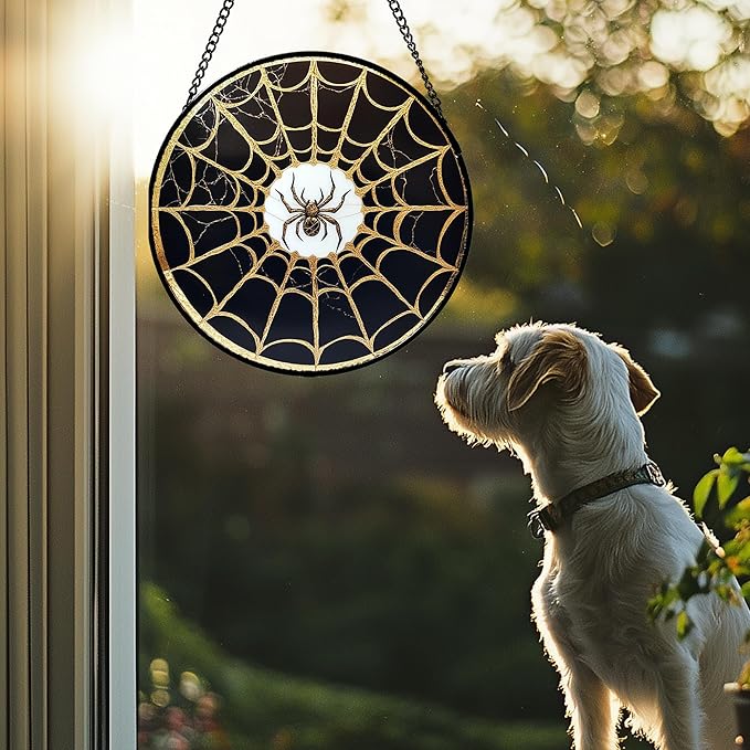 Stained Glass Window Hanging - Black Gold Spider Suncatcher for Door Terrace Garden Home Decor Halloween Sun Catcher Christmas Birthday Gifts for Lovers Women Men Dad Mom Nana 11.8 in