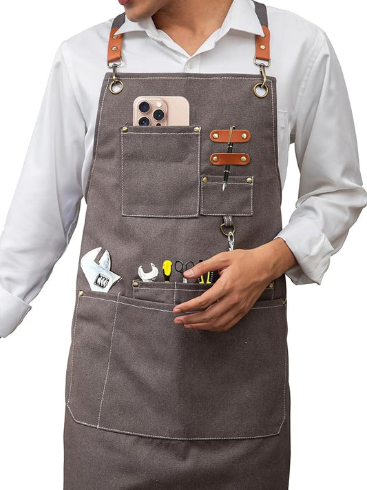 KITCHIEF Woodwork Aprons for Men,Tool Apron with loop and Pockets,Cross Back Heavy Duty Workshop Apron for Carpenter,Garden