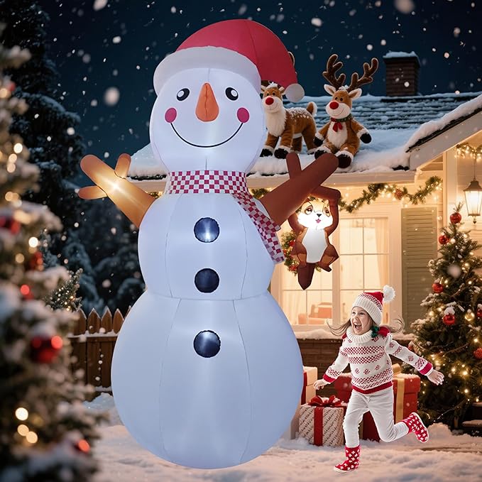 12ft Giant Snowman Inflatable Decor with Cute Squirrel Christmas Inflatable Yard Decor Build-in LED Outdoor Blow up Holiday Decorations for Yard/Lawn/Garden