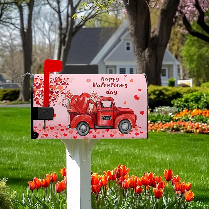 Gnomes Truck Red Valentines Day Mailbox Cover, Standard Size, Waterproof Oxford Fabric, Magnetic, 21x18 Inch