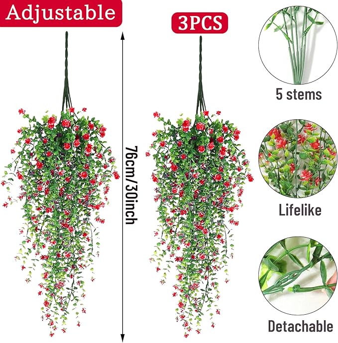 Artificial Hanging Flowers, 3 Pcs Fake Hanging Plants Artificial Vines for Outdoors, Fake Ivy Vine UV Resistant No Fade Faux Plants for Indoor Outside Garden Patio Yard Greenery Decoration (Red)