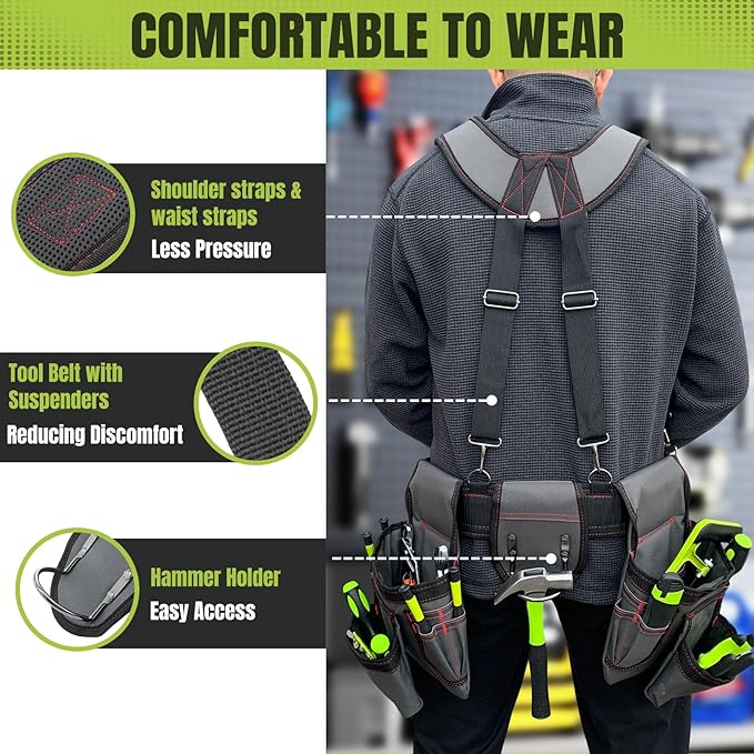 Tool Belt for Men, 32 to 66 Inches Adjustable Waist, Tool Belt with Suspenders for Electricians, Carpenters, Construction Workers and Gardeners, Grey and Red