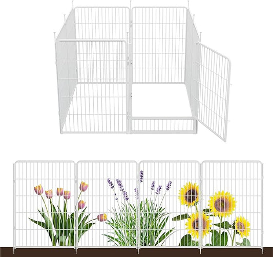 SunsGrove Tall Garden Fence with Gate, 40 in(H) x 17.8 ft(L) 8 Panels Heavy Duty Metal Animal Barrier Fence for Yard, Suitable for Indoor or Outdoor Dog Pet Fence, Garden Fence Border, White