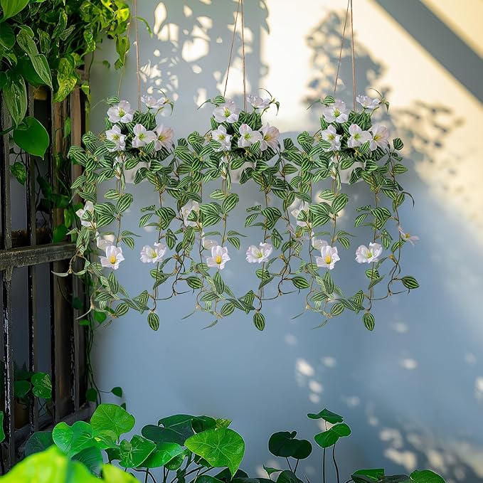 2PCS Artificial Hanging Plant with Pot Faux Hanging Plants Small Hanging Plants Pot with Artificial Vines and Flower Greenery Decoration for Living Room Wall Home Wall Shelf (Stripe White)