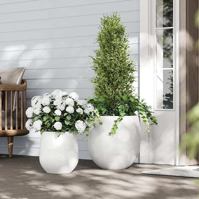 DTY Signature Mount Wilson Lightweight and Durable Modern Fiberstone Tapered Planter for Indoor Outdoor Drainage Hole & Rubber Plug Weather Resistant, 16.7" H x 15" Dia, 11.7" Opening - Medium, White