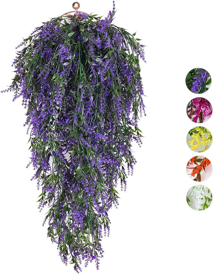 RECUTMS Artificial Flowers for Outdoor, Hanging Plant UV Resistant Lavender, Fake Plants Greenery Vines Flowers for Indoor Garden Porch Window Patio Hanging Planter Home Party Wedding Decor(Purple)