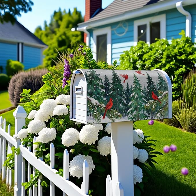 Winter Christmas Mailbox Covers Magnetic Standard Size Snow Scene Theme Green Red Cardinal Xmas Tree Outdoor Decorative Holiday Seasonal Letter Box Cases for Home Garden Outside Decor, 21x18 Inch