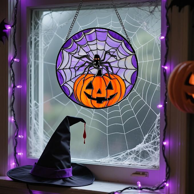 Stained Glass Window Hanging Halloween Scary Purple Night Sky Bat Ghost 6.3" - Suncatcher Door Garden Sun Catcher Gothic Home Decor Birthday Horror Gifts for Mom Men Woman Friend