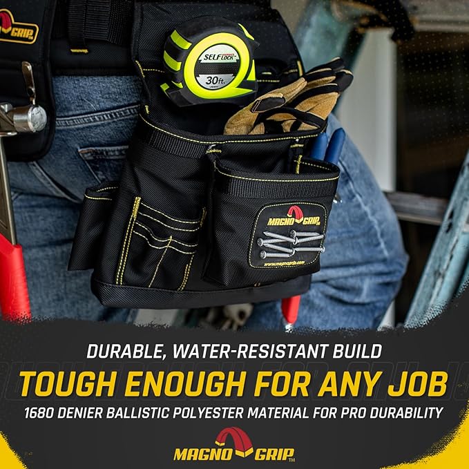 MagnoGrip 20-Pocket Builder’s Tool Rig with Magnetic Storage—Heavy-Duty 1680D Polyester Tool Belt with Padded Suspenders, Rivet Reinforced Stress Points, and Smartphone Holder, Fits Up to 52” Waist.