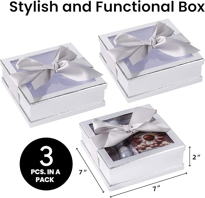 Hammont Clear Window Gift Boxes - 3 Pack - Multipurpose Bakery Boxes with Ribbon | Treat Boxes Perfect for Party Favors, Cookies and Cupcakes (Silver, 7” x 7” x 2”)