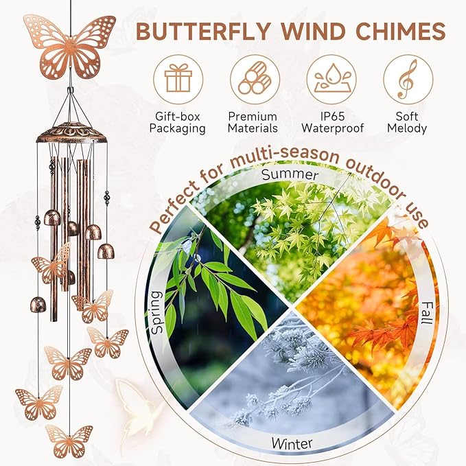 Butterfly Wind Chimes for Outside,41" Metal Windchimes, Housewarming/Halloween/Festival/Memorial Gifts for Women/Men, Butterfly Decorations for Outside, Patio, Garden or Yard