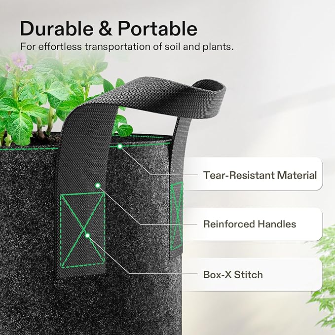 VIVOSUN 10-Pack 25 Gallon Grow Bags, Reinforced Planter Fabric Pots for Gardening Black