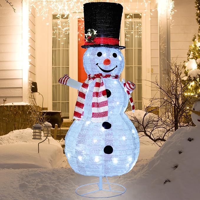 Buheco Light Up Snowman Christmas Decorations Outdoor Lighted Snowmen Indoor Outside Yard Decor 3.6ft Cute Pre Lit Pop Up Collapsible for Lawn Porch Xmas Vacation Party with 48 Led Lights-Metal Stand