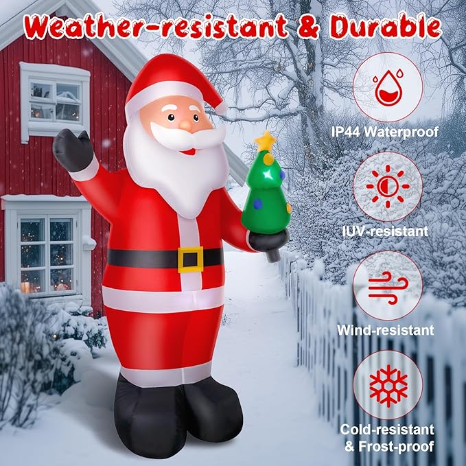 8FT Christmas Inflatable Santa Claus Outdoor Decorations, Inflatable Santa with Xmas Tree Built-in LED Lights, Blow Up Yard Decorations for Holiday Xmas Party Indoor Garden Lawn