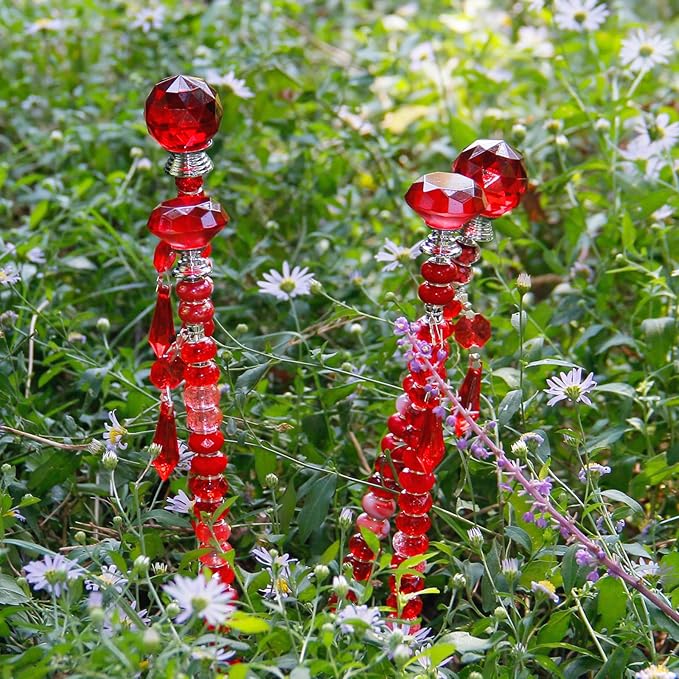 Exway 100 PCS DIY Fairy Wand Beaded Garden Stake Beads Kits with Red Large Hole Beads 4 Crystal Stopper Top Threaded Rods and 4 Red Sparkling Crystal Pendants for Outdoor Indoor Decor